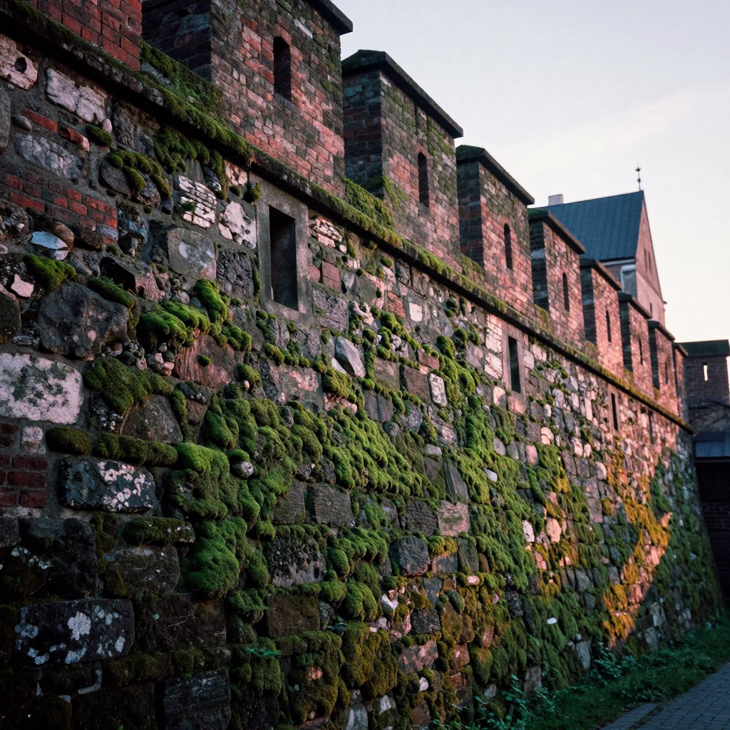 Mossy Stone Wall and Dawn Light in Historic Krakow Poland Street Scene in in Krakow, Poland