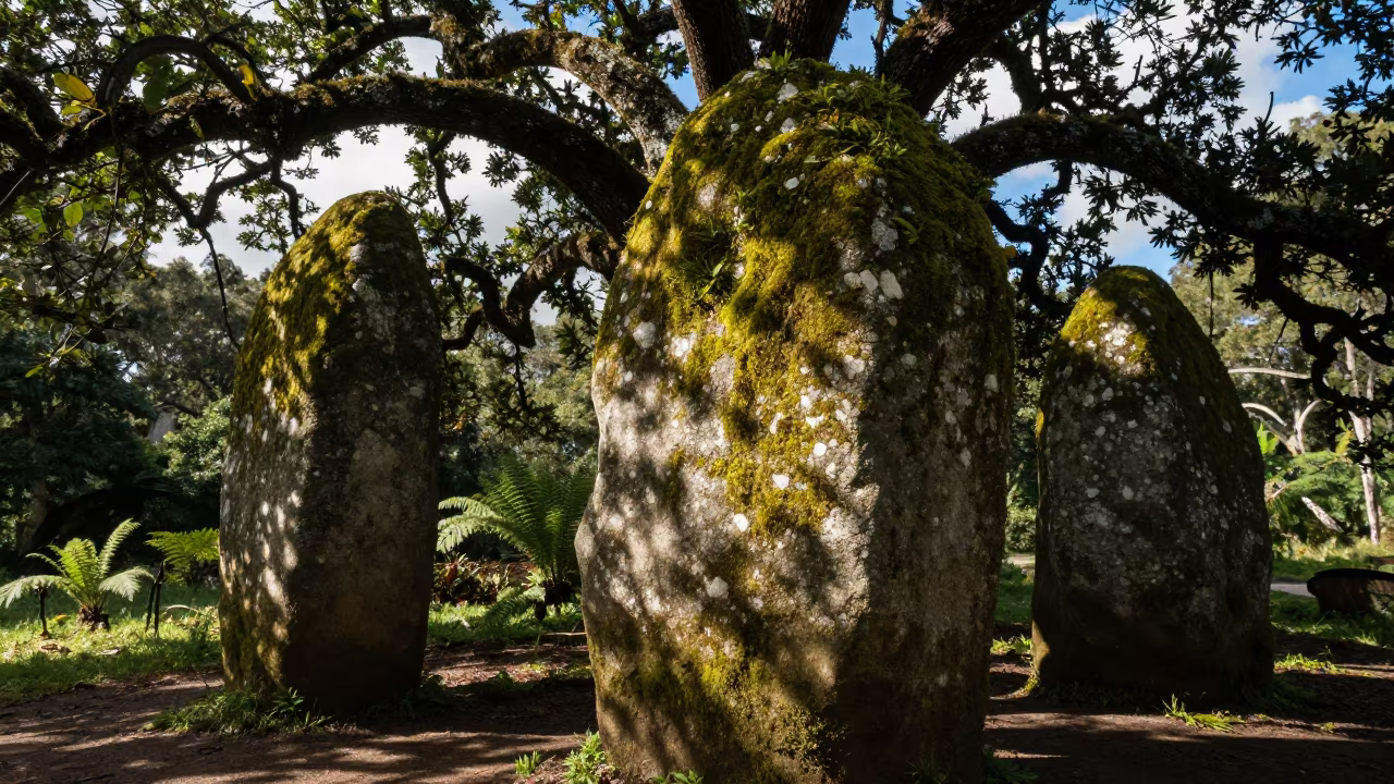 Mossy Stones and Ancient Oaks in Guayaquil Forest in on a fern-lined forest floor near Guayaquil