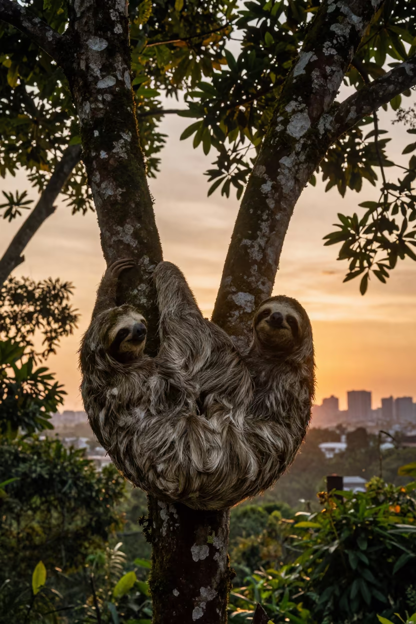 Mossy Three-Toed Sloth in Amber Sunset Light in near Quezon City