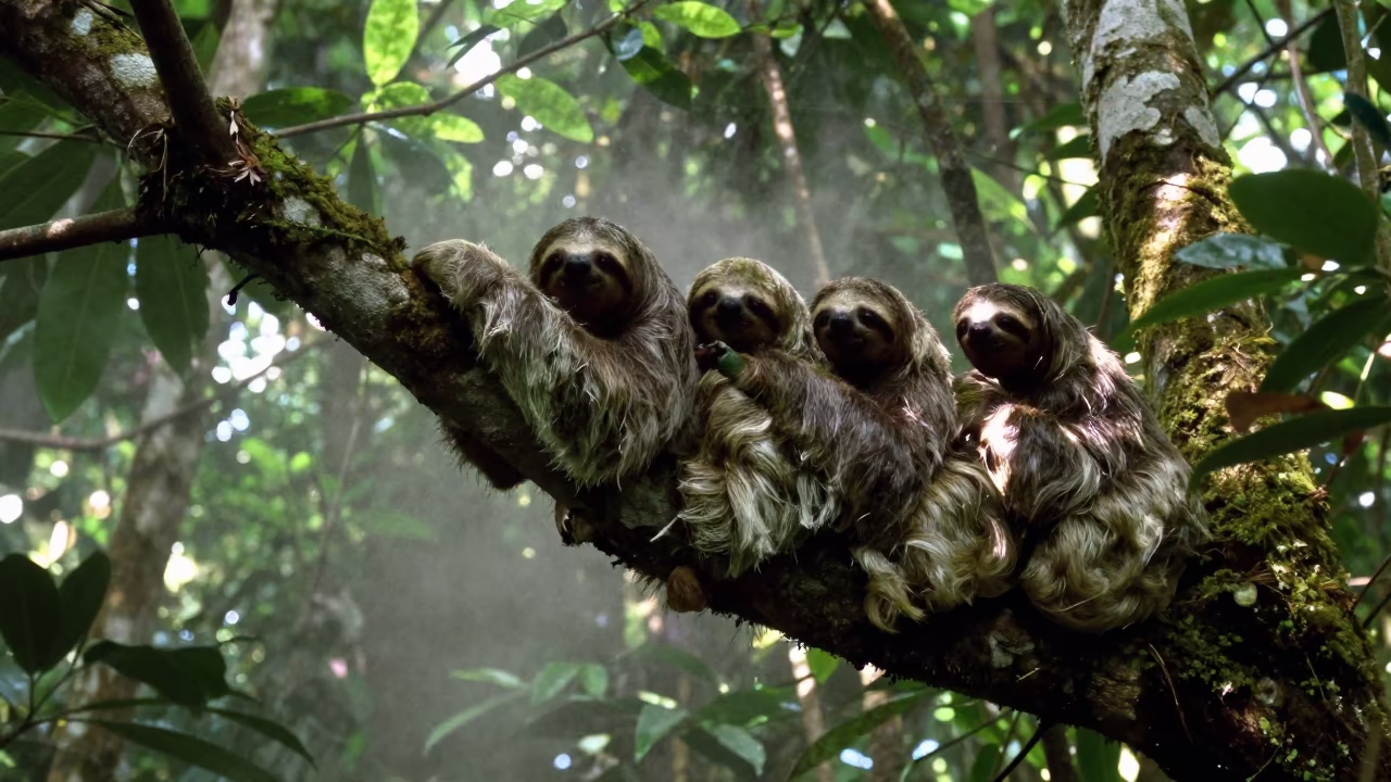Mossy Three-Toed Sloth in Sumatran Wet Season in in Sumatra