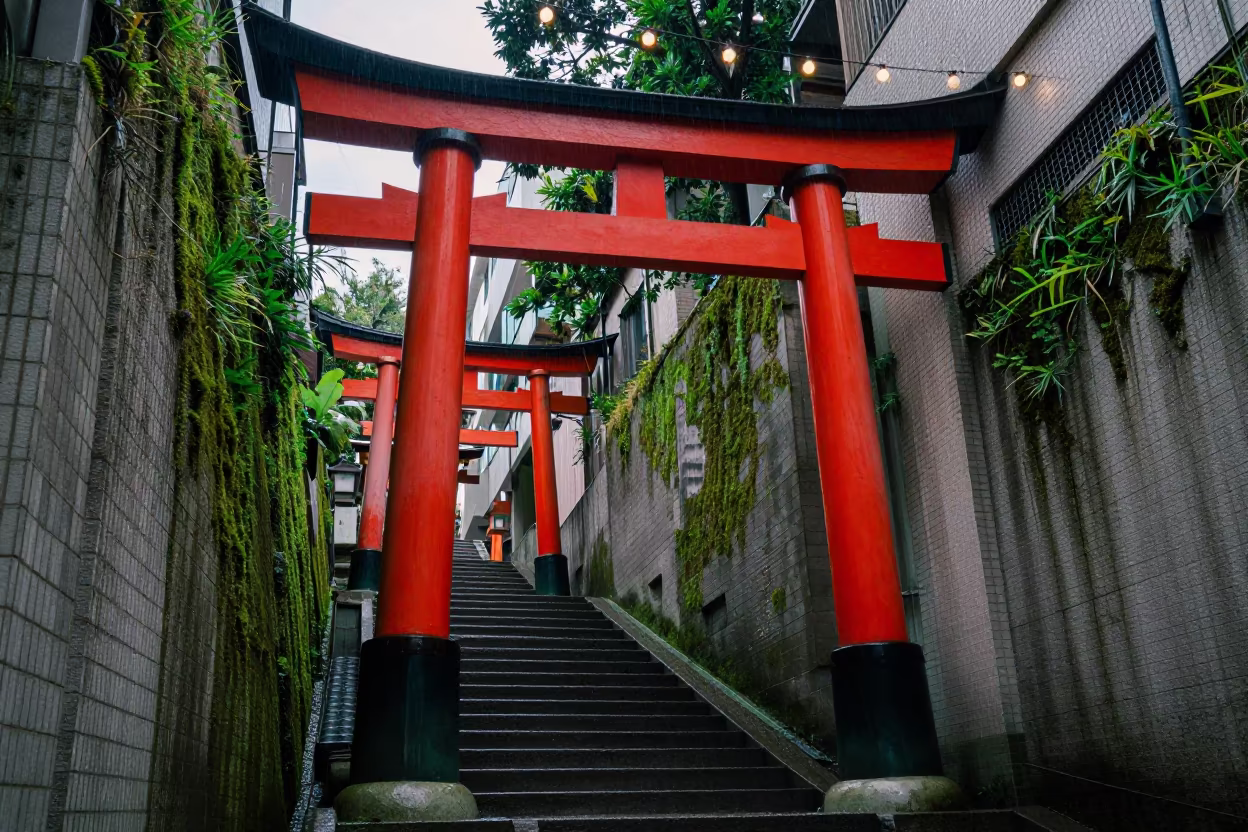 Mossy Torii Gate Twilight Namba Hall in inside a tiled stair hall in Namba, Osaka