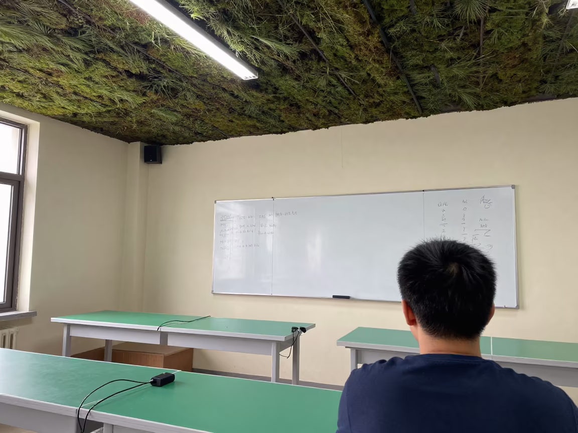 Mossy Woodshop Seminar Room in Formosa in in a woodshop classroom in Formosa