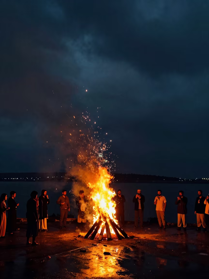 Mosul Bonfire Ceremony on Cliff at Night in at a waterfront celebration in Mosul