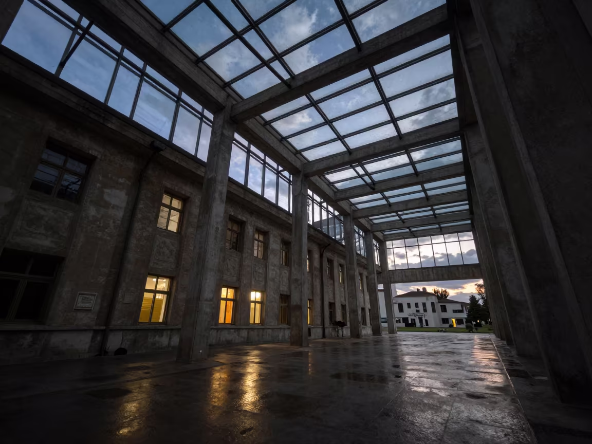 Mosul Chapel School Glass Arcade Twilight in inside a glass-roofed arcade in Mosul