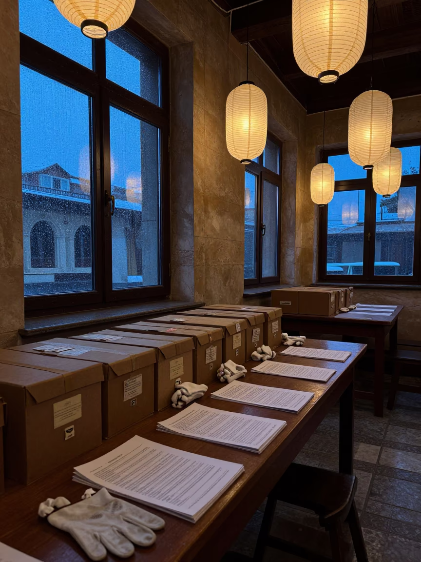 Mosul Shrine Archive Work Under Indigo Lantern Light in in a shrine lined with lanterns near Mosul