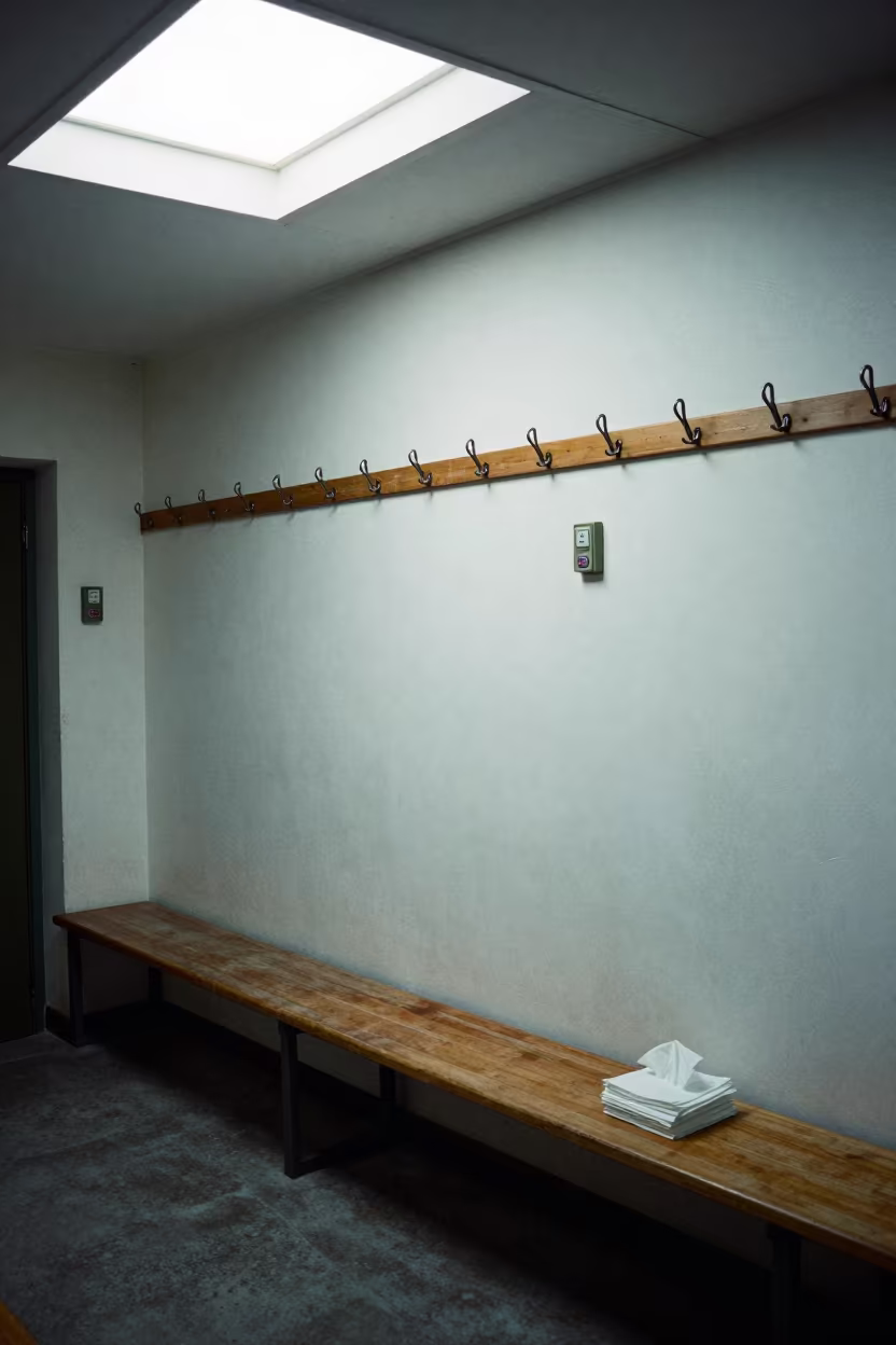 Mosul Stockroom Hooks Bench Winter Light in inside a stockroom behind the sales floor in Mosul