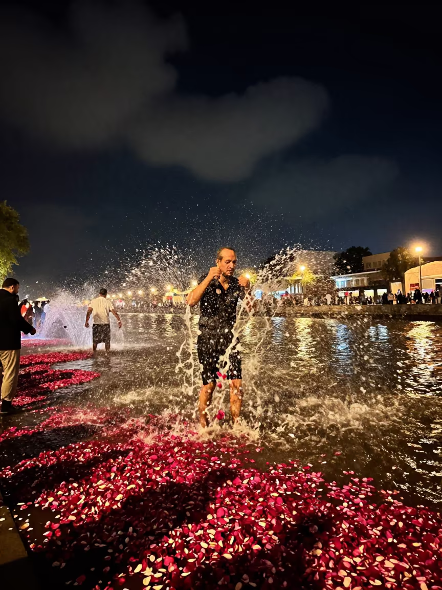 Mosul Water Festival Rose Petals Night Rim Light in at a waterfront celebration in Mosul