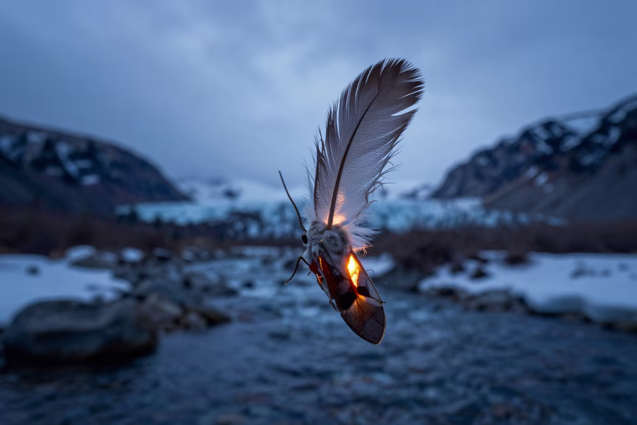 Moth Antenna Macro in Winter Lamplight in above a glacial stream in California