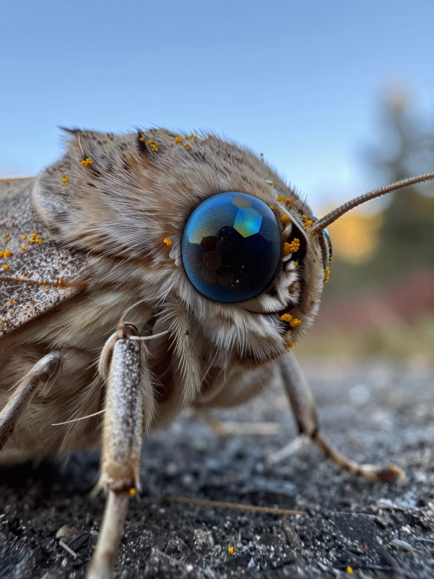 Moth Compound Eye Dusted With Autumn Pollen in along a game trail in British Columbia