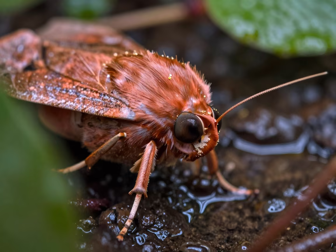 Moth Compound Eye Pollen Dust Copper Light in above a glacial stream near Haiphong