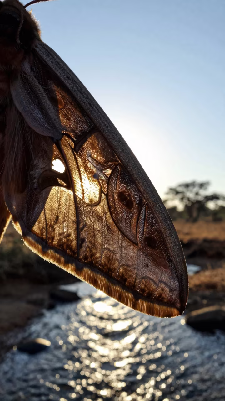 Moth Wing Edge Silhouette Against Golden Stream Light in above a glacial stream near Bamako