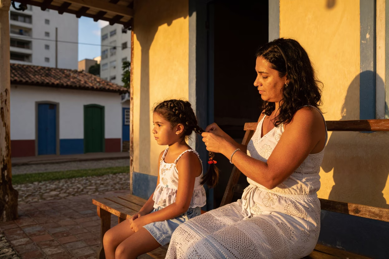 Mother Braiding Daughter's Hair on São Paulo Porch in Honeyed Evening Light in in São Paulo, Brazil