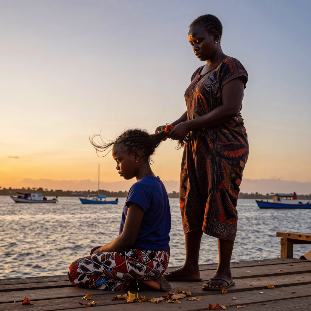 Mother Braids Daughter Hair at Gabiadji Harbor in at a harbor edge in Gabiadji