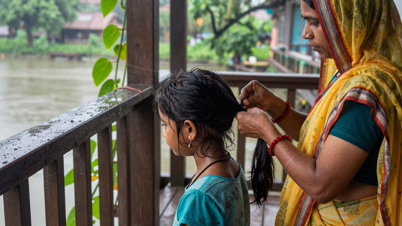 Mother Braids Daughter Hair on Sadarghat Porch in in Sadarghat, Dhaka