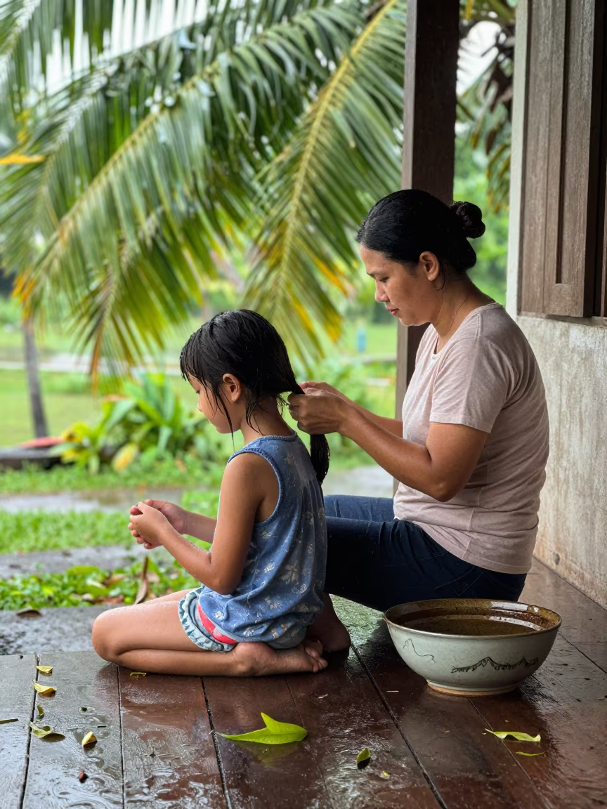 Mother Braids Daughter's Hair on Rainy Porch in near Ipoh