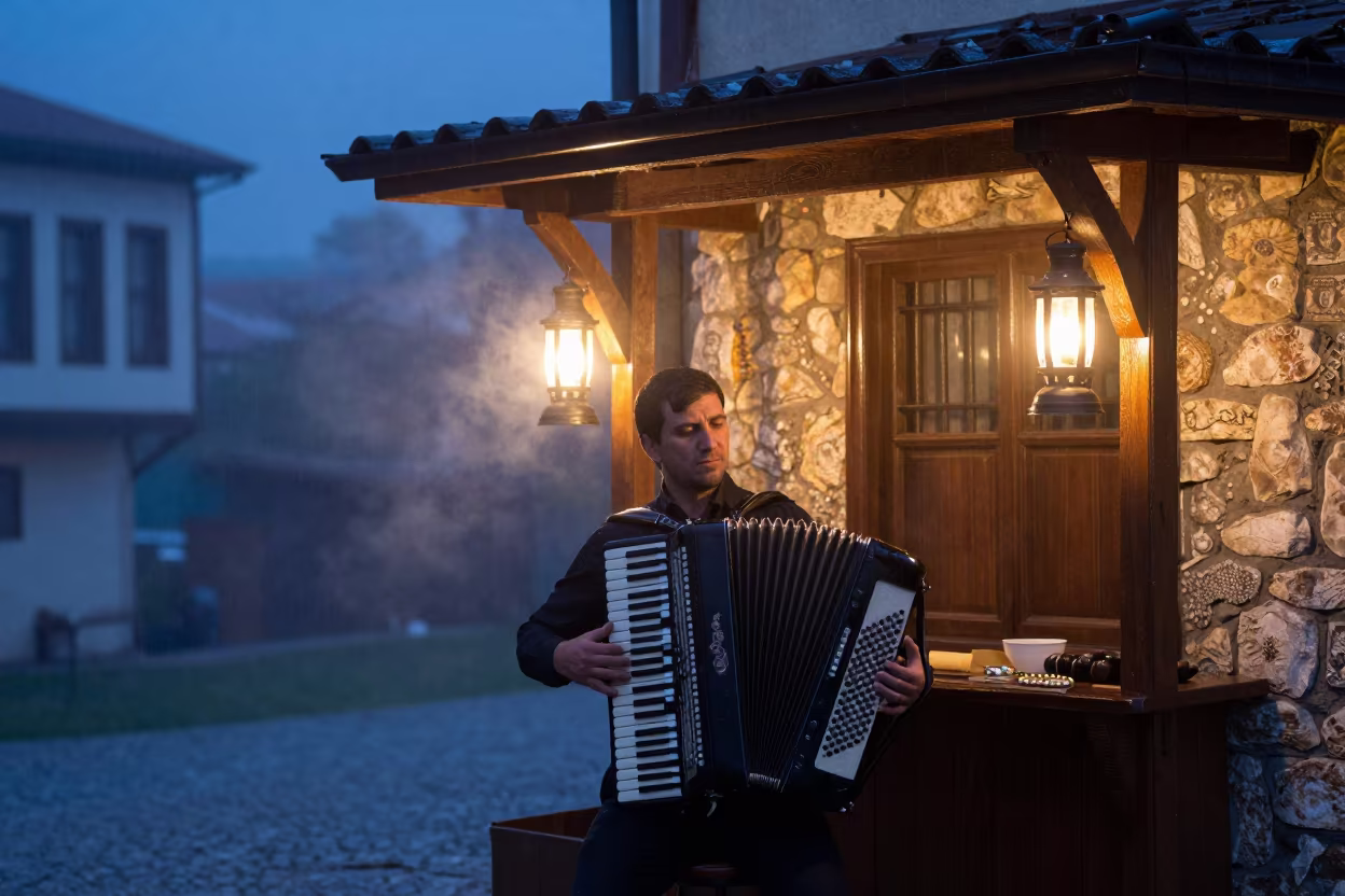 Mother-of-pearl accordion in Kırıkkale twilight fog in in the old quarter in Kırıkkale
