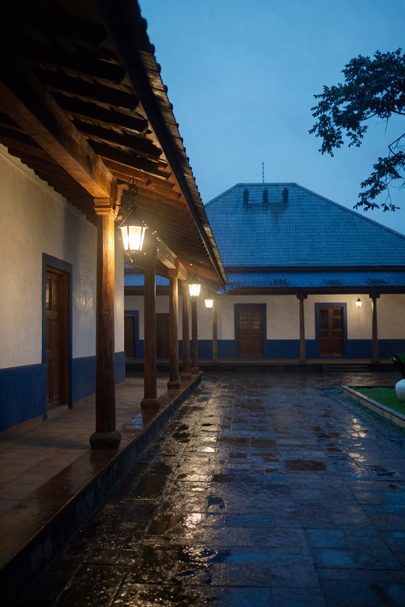 Moths Circle Lantern on Kongo Temple Porch in in a temple courtyard in M'banza-Kongo