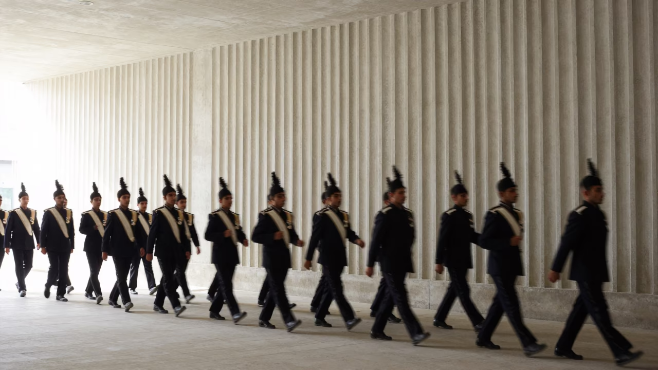 Motion Blur Marching Band in Cairo Concrete Lobby in inside a ribbed concrete lobby near Cairo
