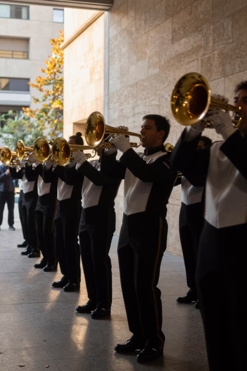 Motion Blur Marching Band Late Afternoon in inside a skylit passageway near Bilbao