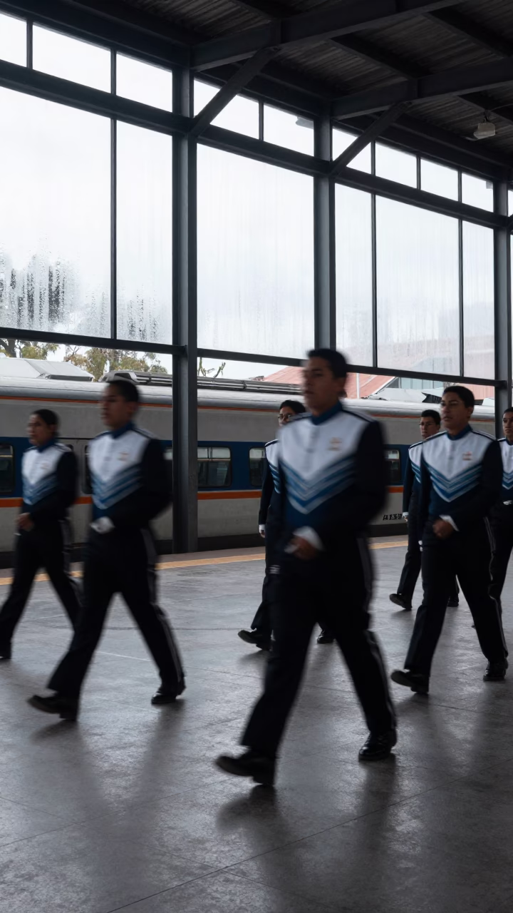 Motion Blur Marching Band Train Terminal Aguascalientes in inside a restored train terminal near Aguascalientes