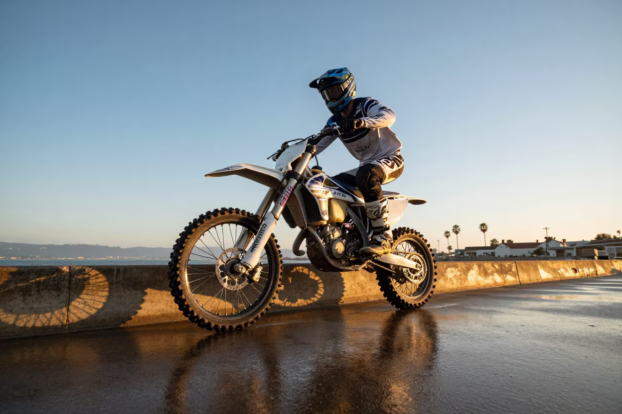 Motocross Rider Scrubbing Jump at Harbor Edge in at a harbor edge in San Rafael