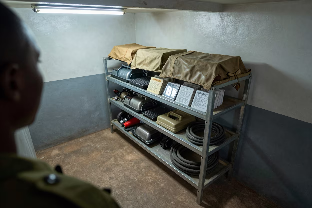 Motor Pool Drip Pan Rack Before Dawn in inside a bunker stairwell in Ibadan