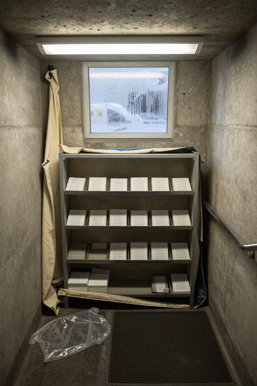 Motor Pool Drip Pan Rack in Kansas Bunker in inside a bunker stairwell in Kansas
