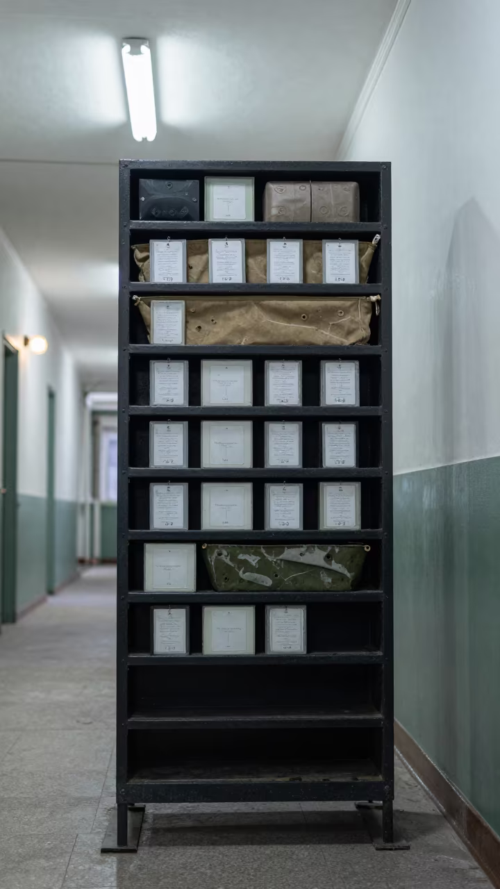 Motor Pool Drip Pan Rack in Winter Barracks in inside a barracks corridor near Aktobe