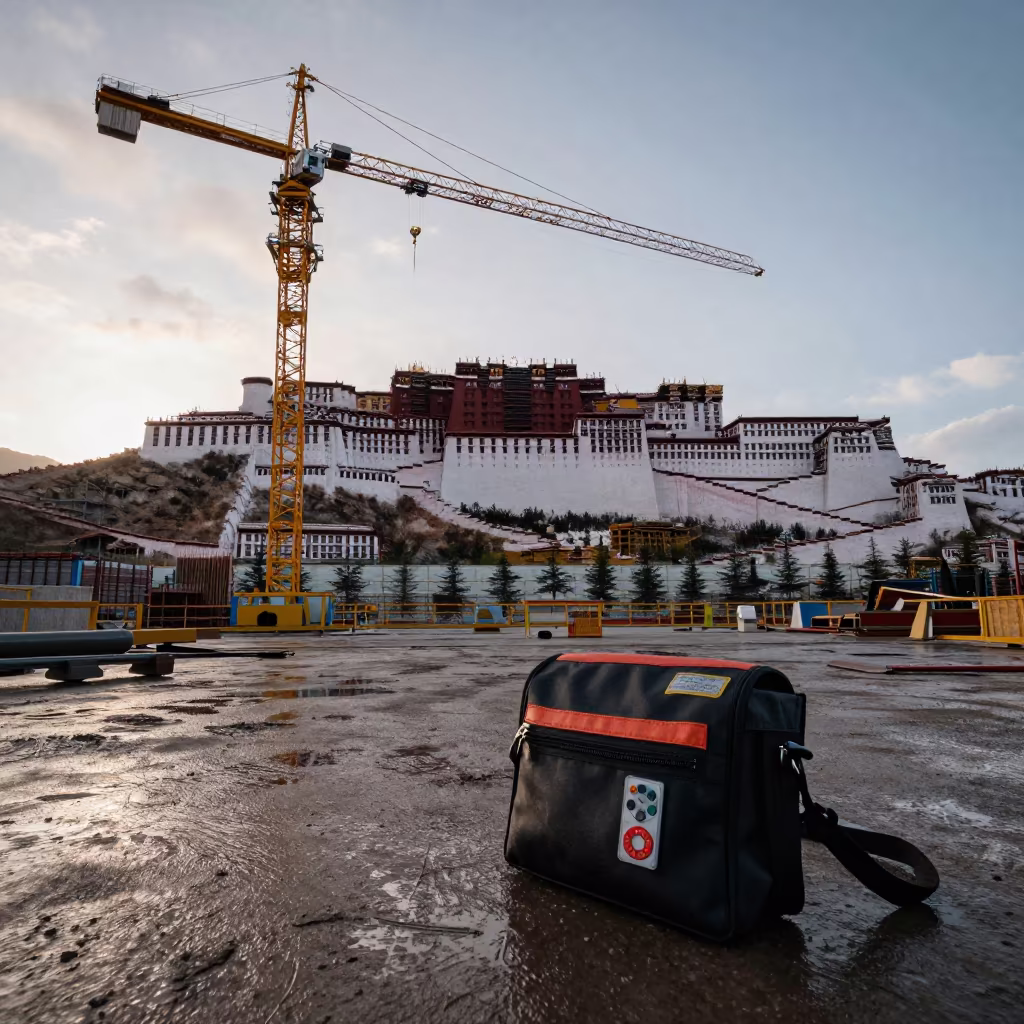 Motor Pouch on Construction Site at Dawn in beneath a tower crane on open ground near Potala, Lhasa