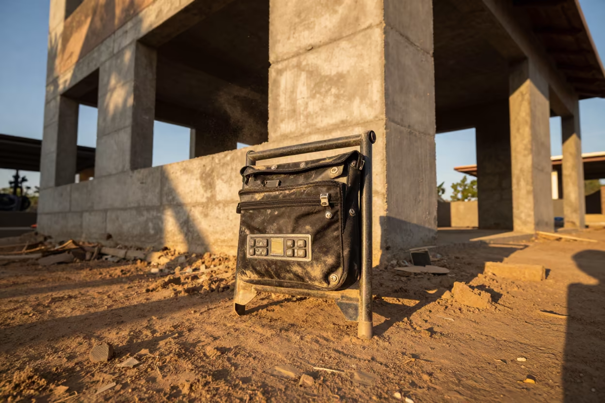 Motor Remote Pouch on Papua Construction Site in beside a framed building shell in Papua