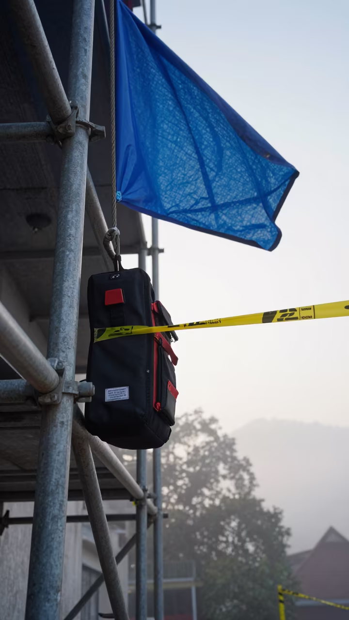 Motor Remote Pouch on Winter Scaffold in along a scaffolded facade in Arunachal Pradesh