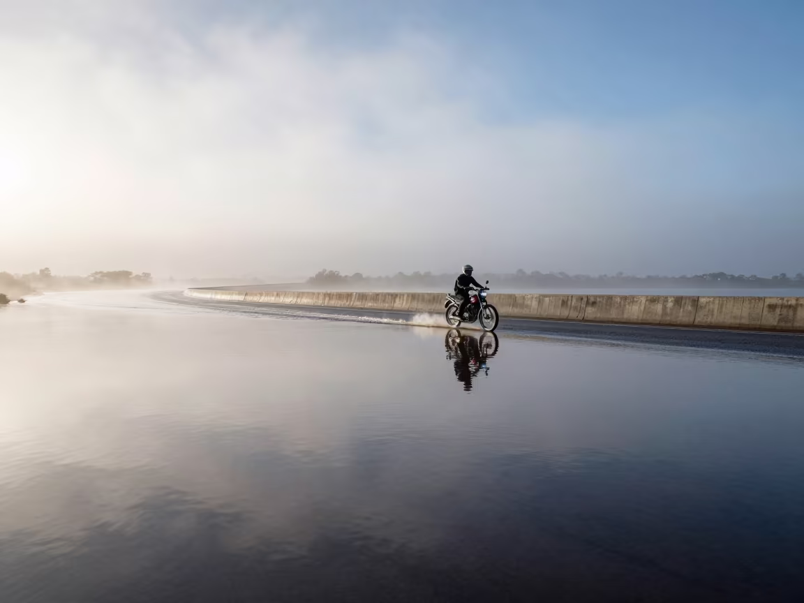 Motorbike on flooded causeway reflection in along a switchback approach near Brunswick, Melbourne