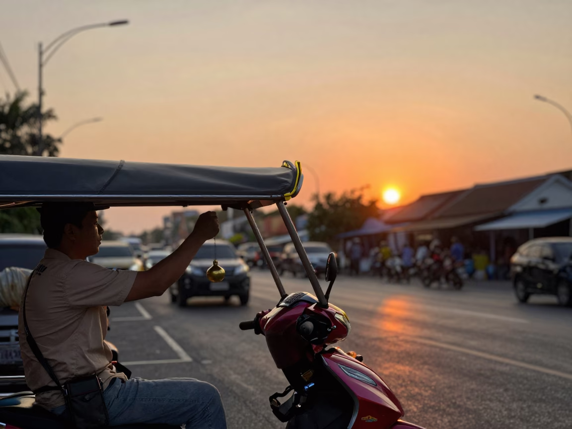 Motorbike Taxi Driver in Phuket at Sunset Light in in Phuket, Thailand