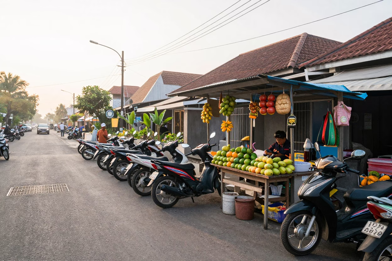 Motorbikes just after sunrise in Denpasar in in Denpasar, Indonesia