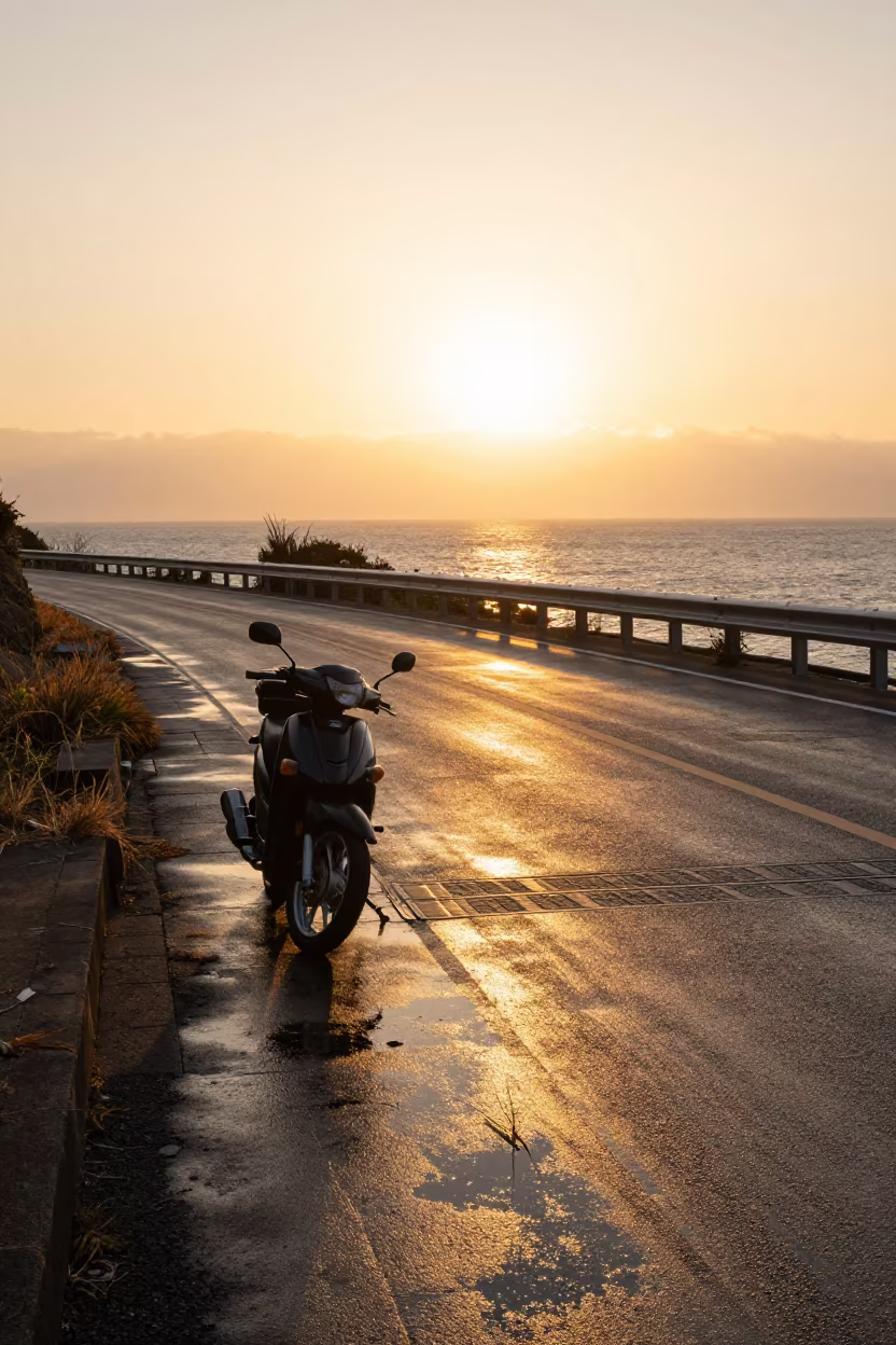 Motorcycle on Coastal Highway Switchback in along a switchback approach near Sendai