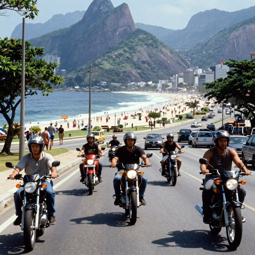 Motorcycle Convoy at Bright Midmorning Light in Rio De Janeiro in in Rio de Janeiro, Brazil