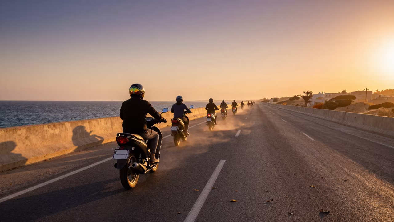Motorcycle convoy on coastal causeway sunset in on a wind-open causeway near Beit Shemesh