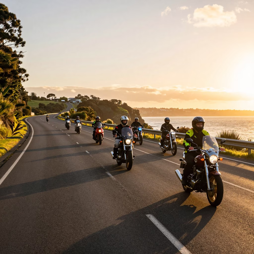 Motorcycle convoy on coastal highway at sunset in Auckland New Zealand in in Auckland, New Zealand