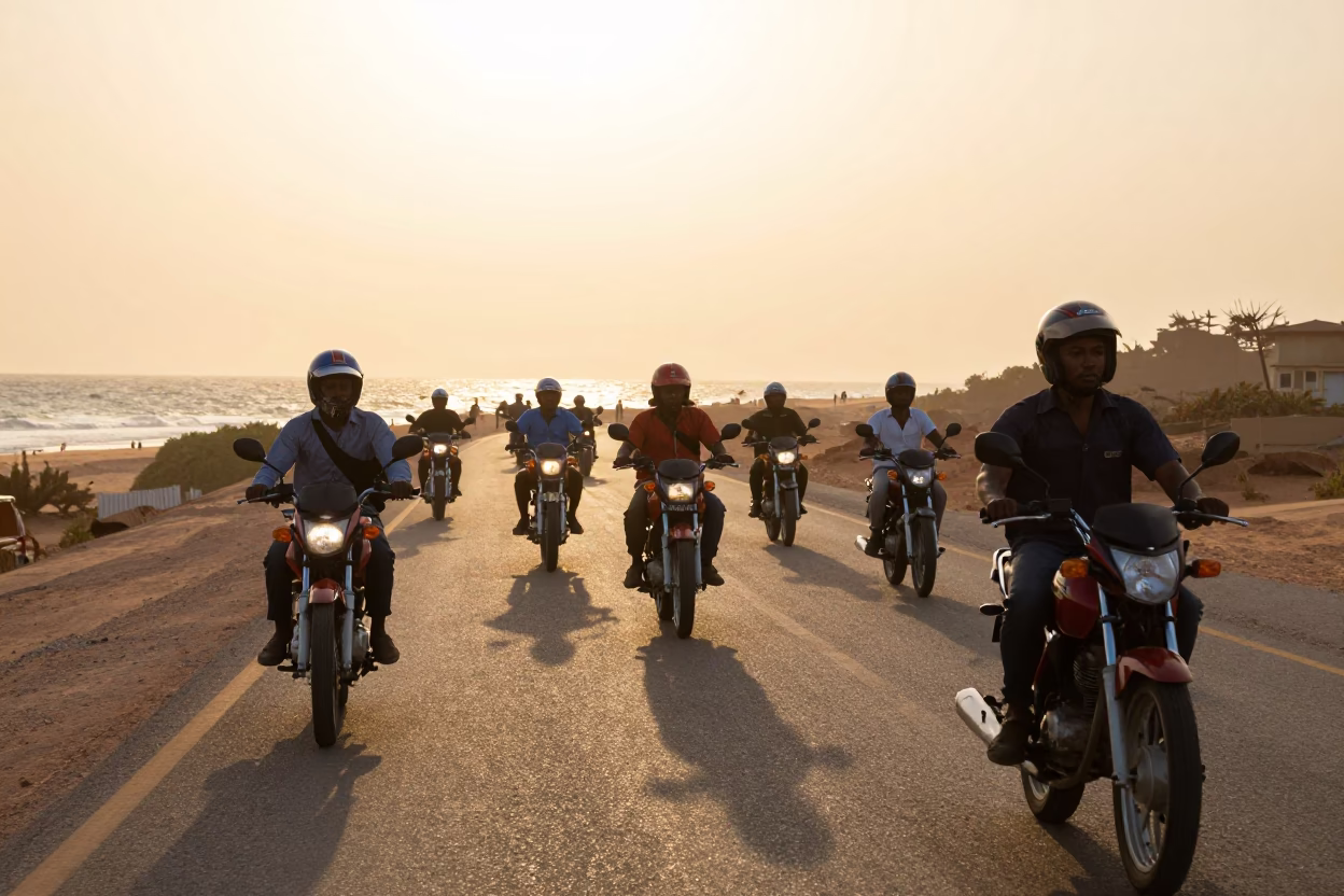 Motorcycle Convoy on Coastal Highway at Sunset in Dakar Senegal in in Dakar, Senegal