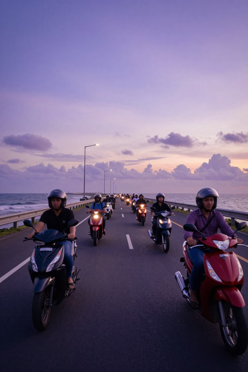 Motorcycle Convoy on Coastal Highway in Surabaya Indonesia at Sunset in in Surabaya, Indonesia