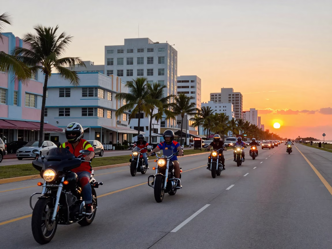 Motorcycle Convoy on Miami Coastal Highway at Sunset with Vibrant Urban Backdrop in in Miami, Florida, United States
