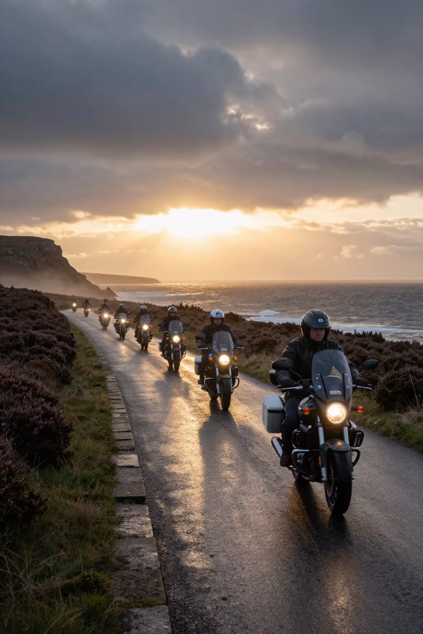 Motorcycle convoy on Scottish coastal causeway sunset in on a wind-open causeway in the Scottish Highlands
