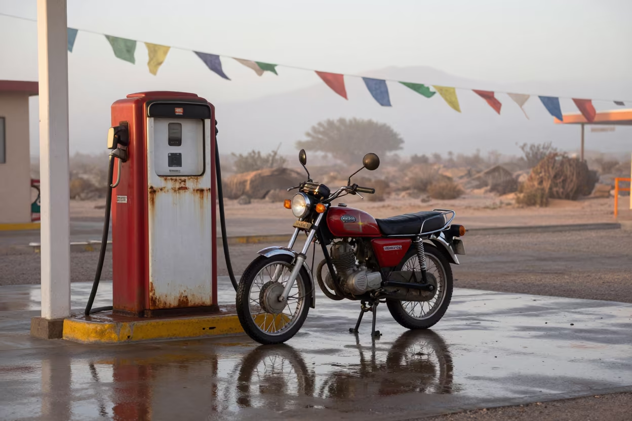 Motorcycle at Desert Gas Station Before Sunrise in in Mexico