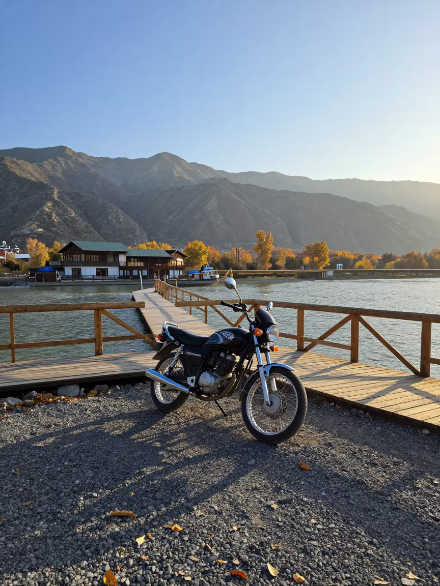 Motorcycle at Mountain Teahouse Ferry Crossing Bishkek in across a remote ferry crossing near Bishkek