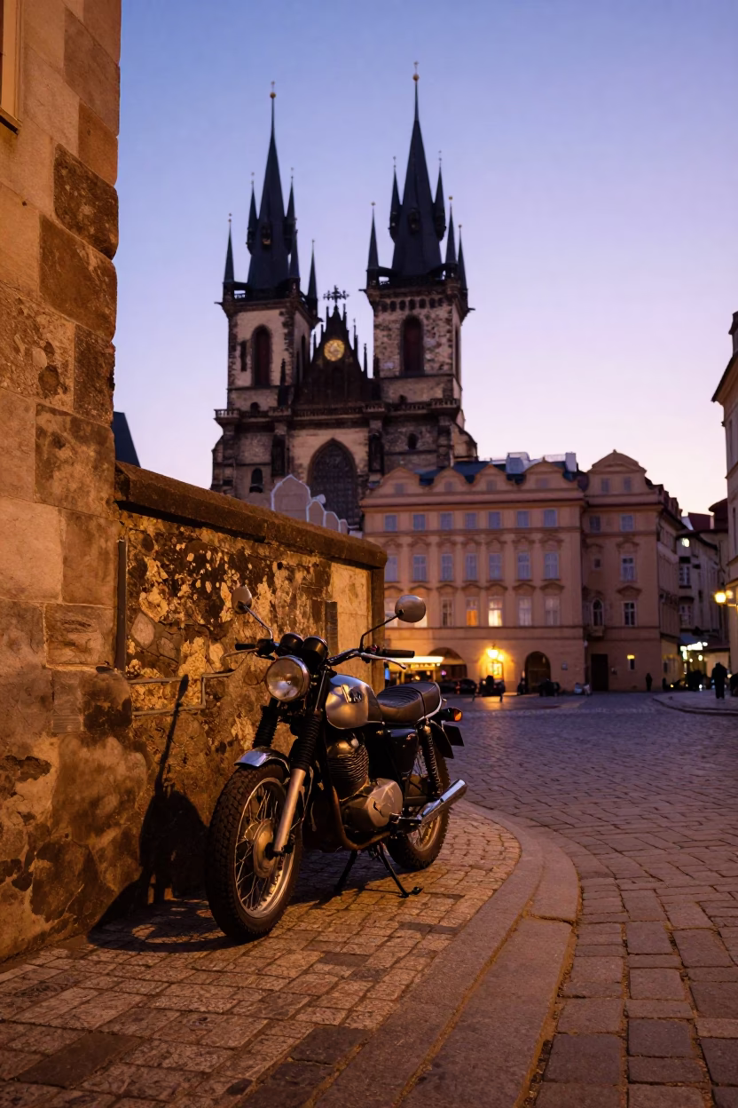 Motorcycle On A Cobblestone Corner With in Prague in in Prague, Czech Republic