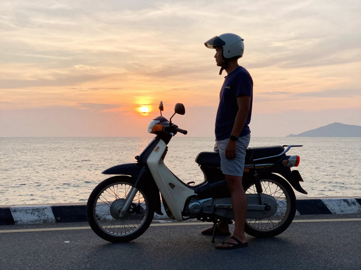 Motorcycle on Coastal Highway at Sunset in Phuket Thailand with Caster Wheel in in Phuket, Thailand