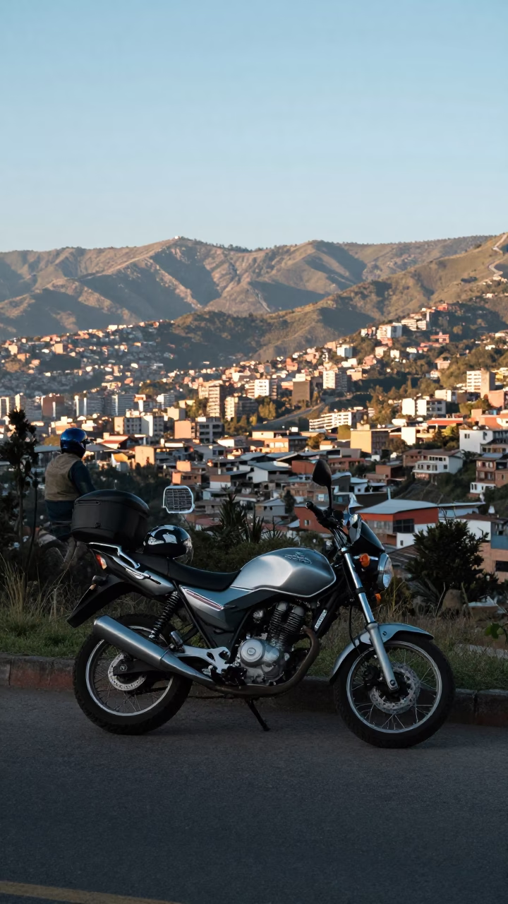 Motorcycle Parked in Quito at Clear Late-afternoon Light in in Quito, Ecuador