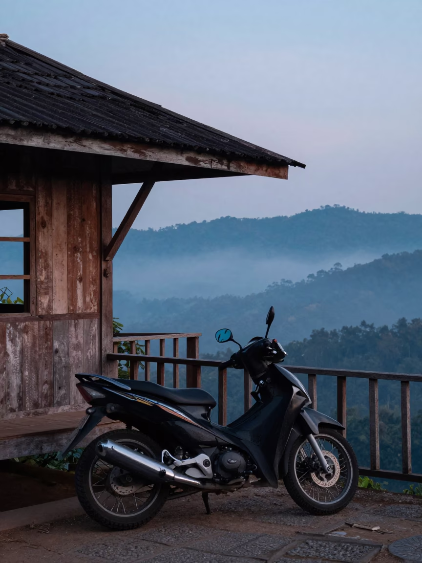 Motorcycle Parked Outside Mountain Teahouse at Nautical Dawn in Chiang Mai Thailand in in Chiang Mai, Thailand