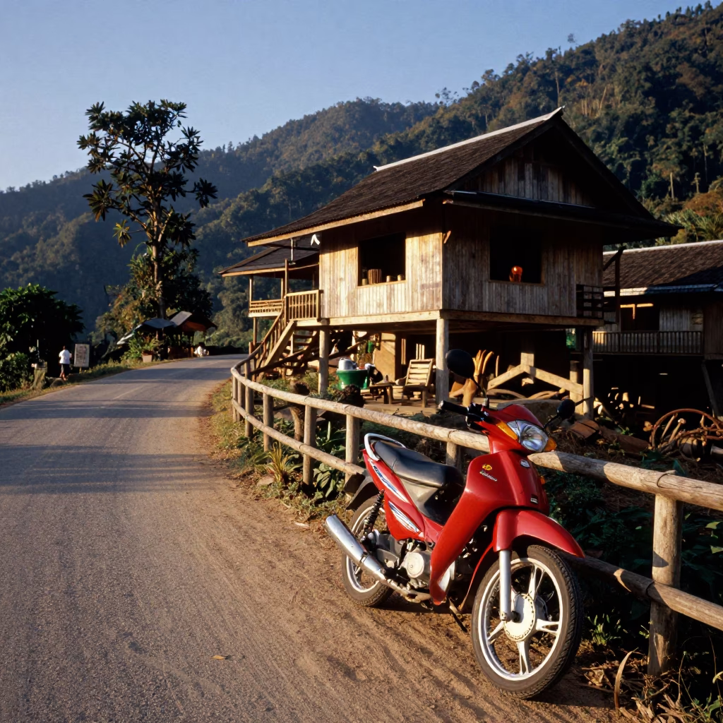 Motorcycle parked outside mountain teahouse in Chiang Mai Thailand late afternoon light in in Chiang Mai, Thailand