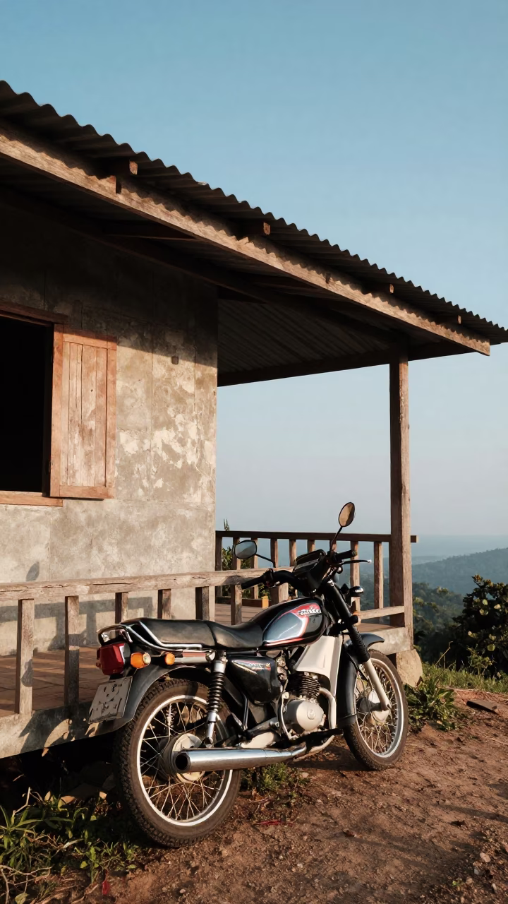 Motorcycle parked outside mountain teahouse in Phuket Thailand late afternoon light in in Phuket, Thailand